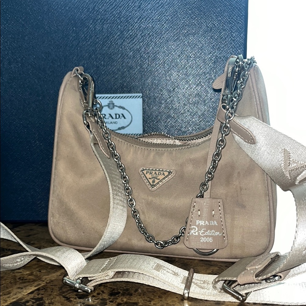 Prada Cream Shoulder Bag with Chain Strap and Logo Plaque